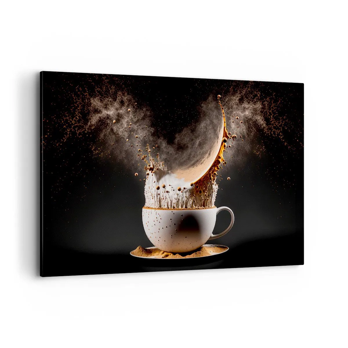 Impression sur toile - Image sur toile - Une tasse de café avec une explosion dynamique de liquide sur fond noir. - 120x80cm - Une explosion de saveur - Décoration murale moderne pour le salon et la chambre ARTTOR