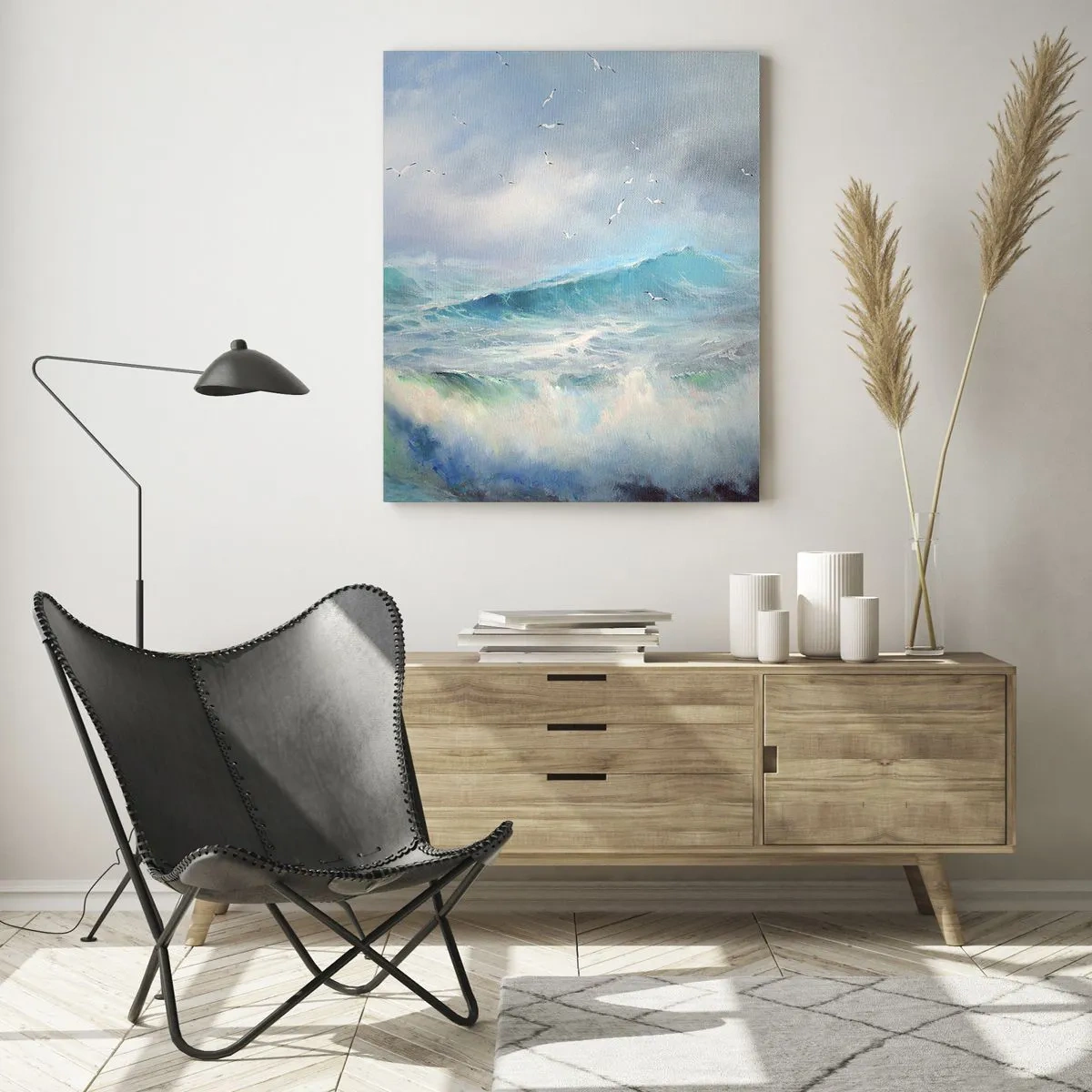 Impression sur verre - Image sur verre - Vagues océaniques agitées avec des oiseaux dans un ciel nuageux - 50x70cm - "Le tourbillon hurlait de triomphe..." - Décoration murale moderne pour le salon et la chambre ARTTOR