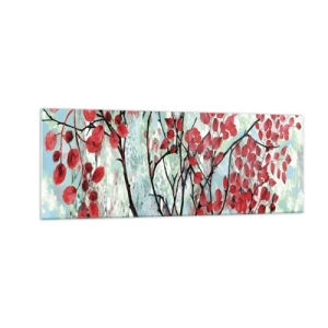 Impression sur verre - Image sur verre - Feuilles rouges sur un ciel lumineux avec des motifs abstraits - 140x50cm - Arbre en écarlate - Décoration murale moderne pour le salon et la chambre ARTTOR