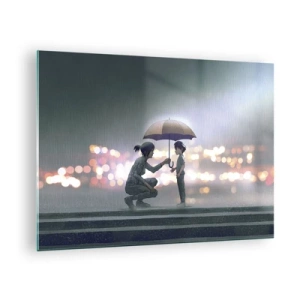 Impression sur verre - Image sur verre - Personnages sous la pluie avec des parapluies sur fond de lumières nocturnes - 70x50cm - Et maintenant, tout va bien - Décoration murale moderne pour le salon et la chambre ARTTOR