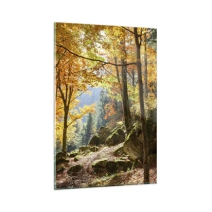 Impression sur verre - Image sur verre - Une forêt d'automne pleine de feuilles dorées et de soleil - 80x120cm - Il est temps de se détendre - Décoration murale moderne pour le salon et la chambre ARTTOR
