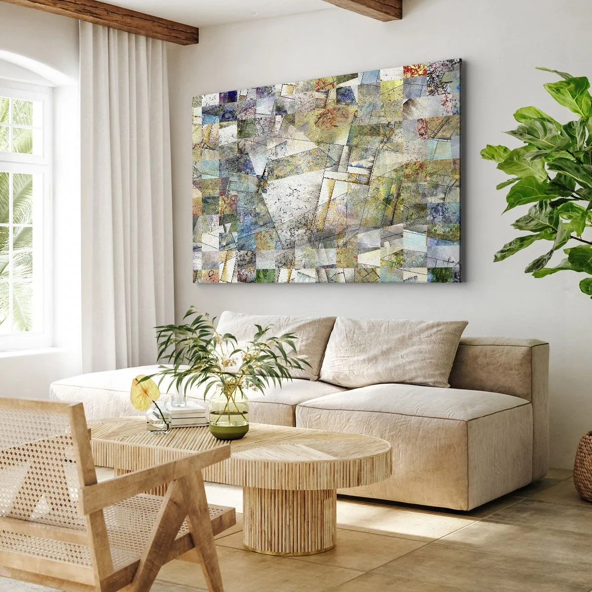 Impression sur toile - Image sur toile - Abstraction colorée avec des formes et des lignes géométriques - 70x50cm - Remaniement géométrique - Décoration murale moderne pour le salon et la chambre ARTTOR