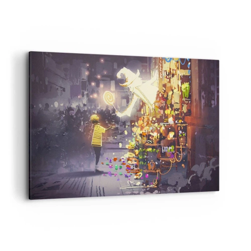 Impression sur toile - Image sur toile - Un personnage de conte de fées et un enfant dans une rue pleine de lumières et de magie - 120x80cm - La magie existe - Décoration murale moderne pour le salon et la chambre ARTTOR