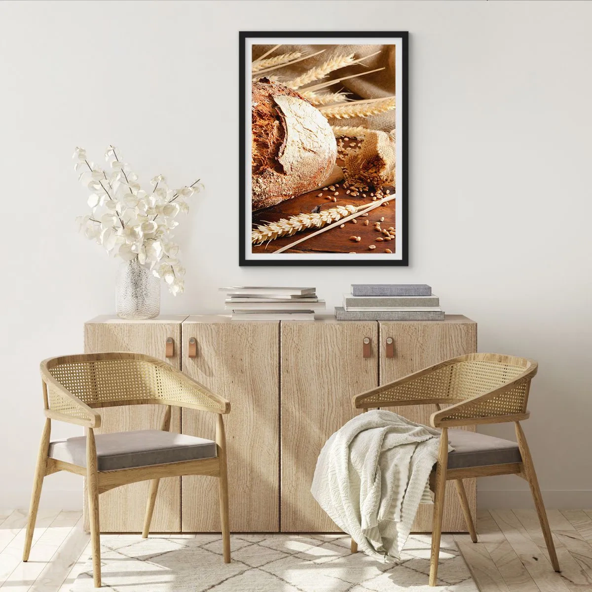Affiche dans un cadre noir - Poster - Pain sur une table en bois avec des épis de blé - 50x70cm - Appétissant, parfumé, croquant - Décoration murale moderne pour le salon et la chambre ARTTOR