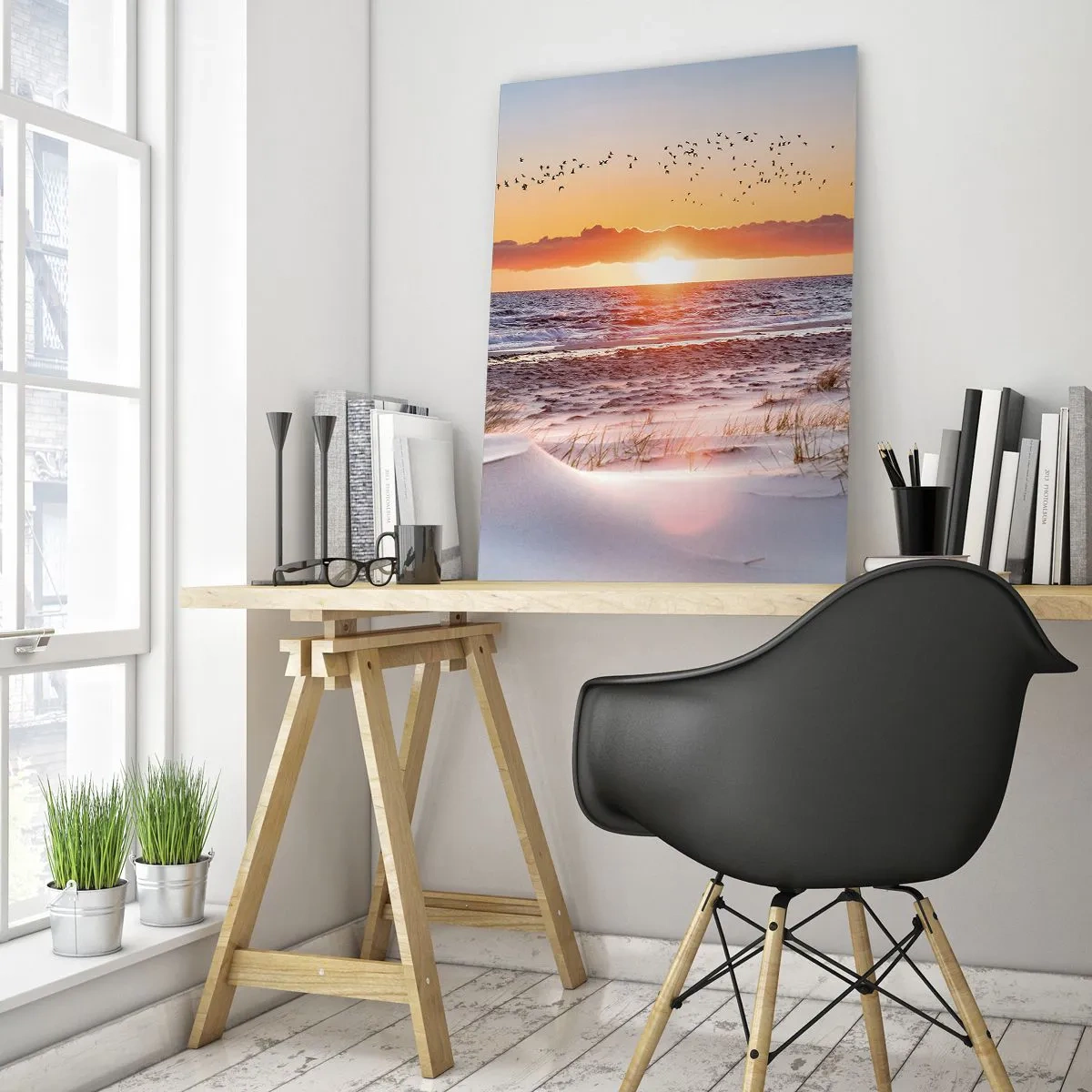 Impression sur verre - Image sur verre - Coucher de soleil sur la mer avec vue sur les dunes - 70x100cm - Paysage horizontal - Décoration murale moderne pour le salon et la chambre ARTTOR