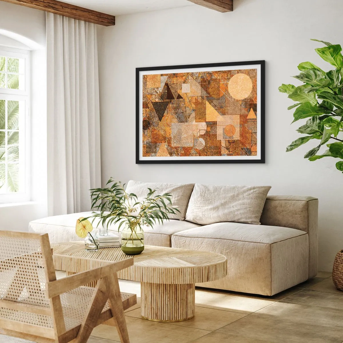 Affiche dans un cadre noir - Poster - Figures géométriques abstraites aux tons chauds - 100x70cm - Étude cubique de marron - Décoration murale moderne pour le salon et la chambre ARTTOR