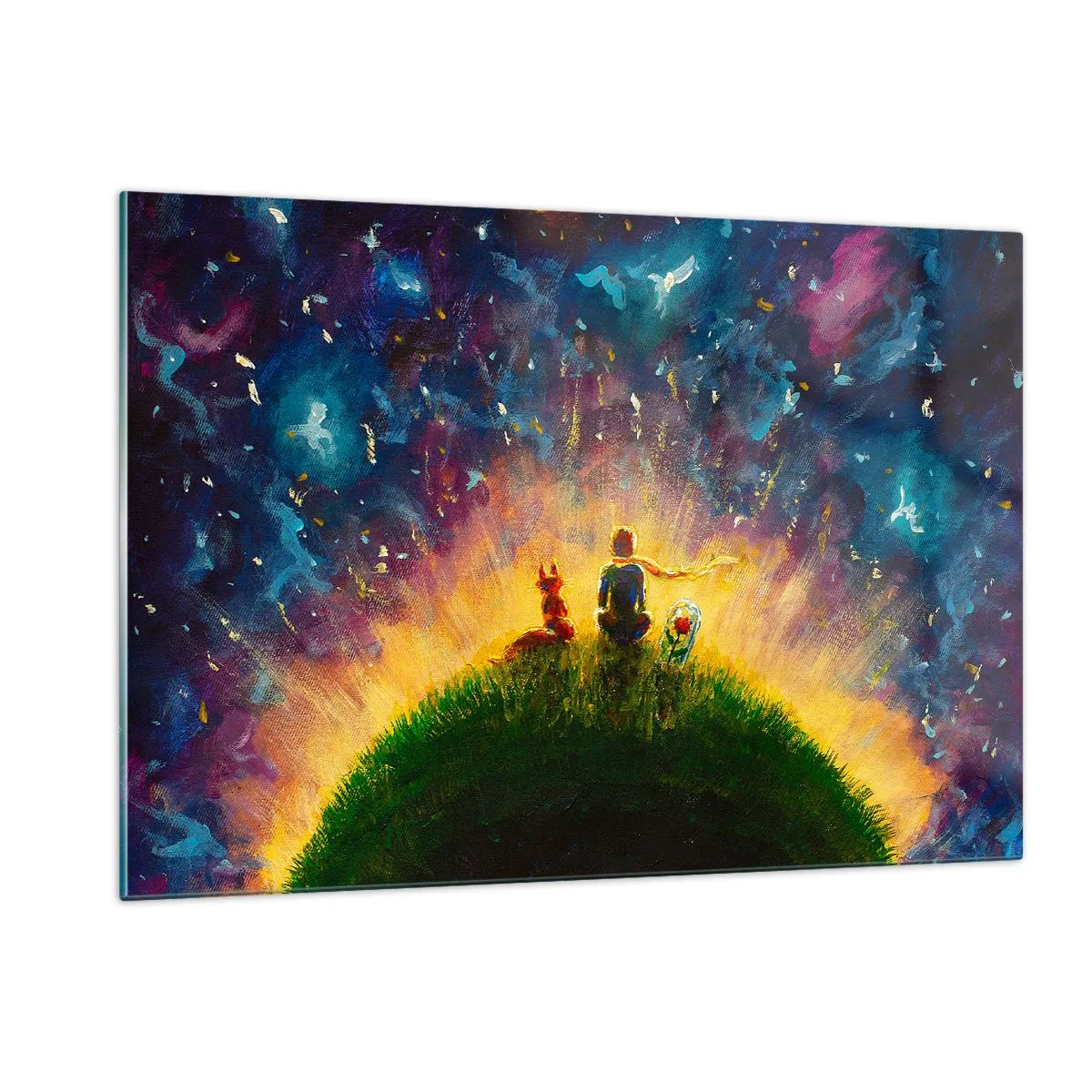 Impression sur verre - Image sur verre - Une figure avec un renard sur une planète sous un ciel étoilé - 120x80cm - Amour et amitié - le monde entier - Décoration murale moderne pour le salon et la chambre ARTTOR