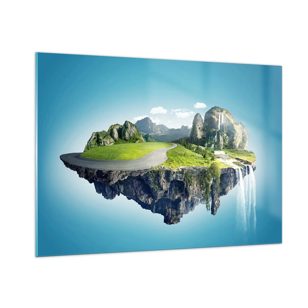 Impression sur verre - Image sur verre - Une île flottante avec des montagnes, une cascade et de la verdure - 100x70cm - Île fantastique - Décoration murale moderne pour le salon et la chambre ARTTOR