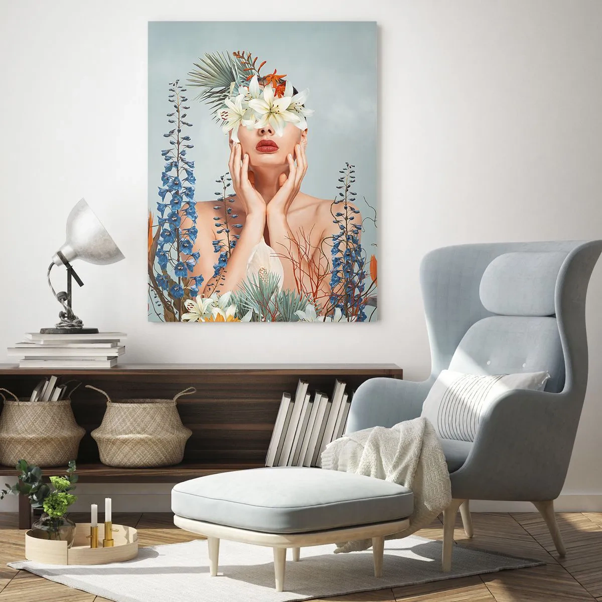 Impression sur verre - Image sur verre - Portrait d'une femme avec un motif floral sur fond bleu - 70x100cm - Femme - fleur - Décoration murale moderne pour le salon et la chambre ARTTOR