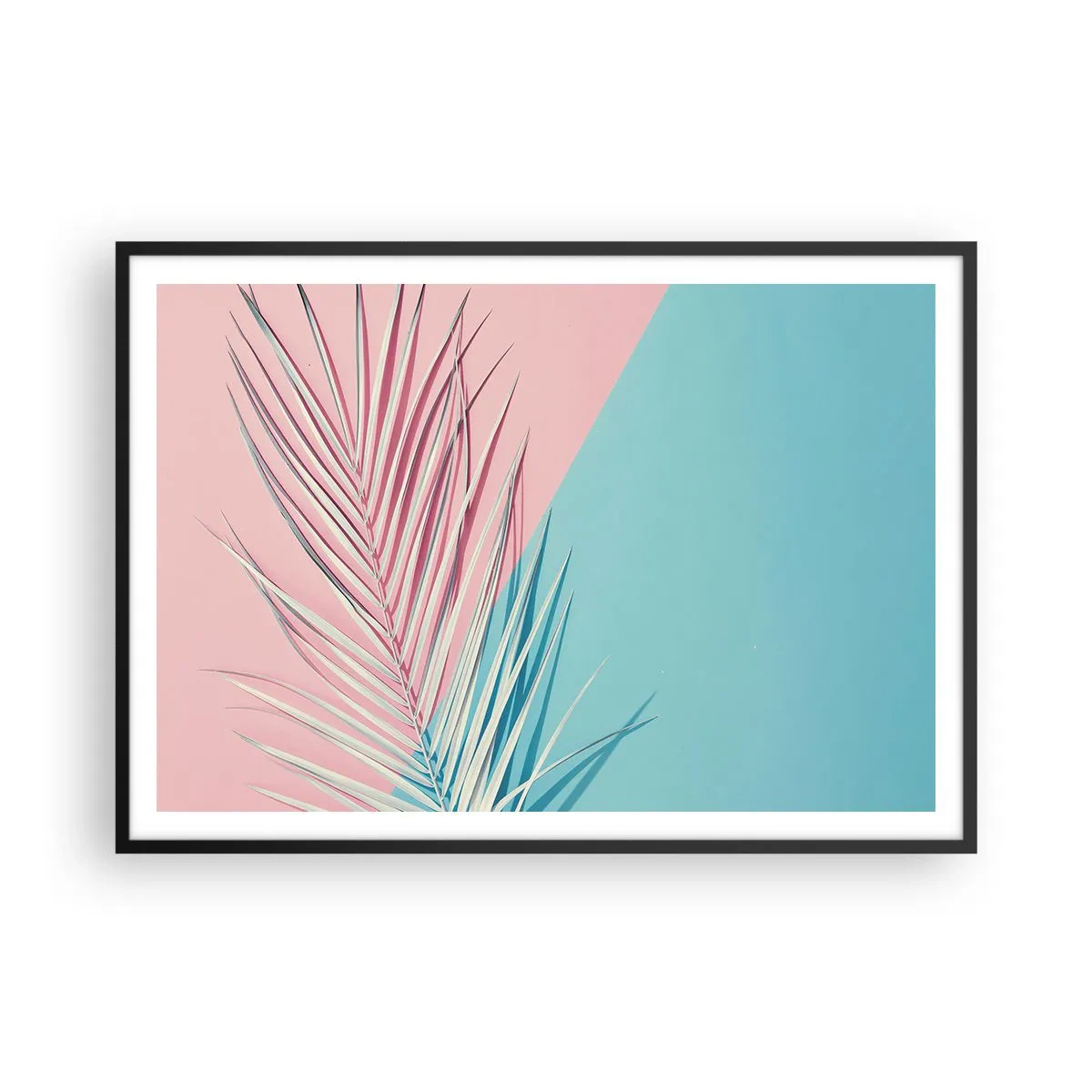 Affiche dans un cadre noir - Poster - Feuille tropicale sur un fond de tons pastel de rose et de bleu - 100x70cm - Impression tropicale - Décoration murale moderne pour le salon et la chambre ARTTOR