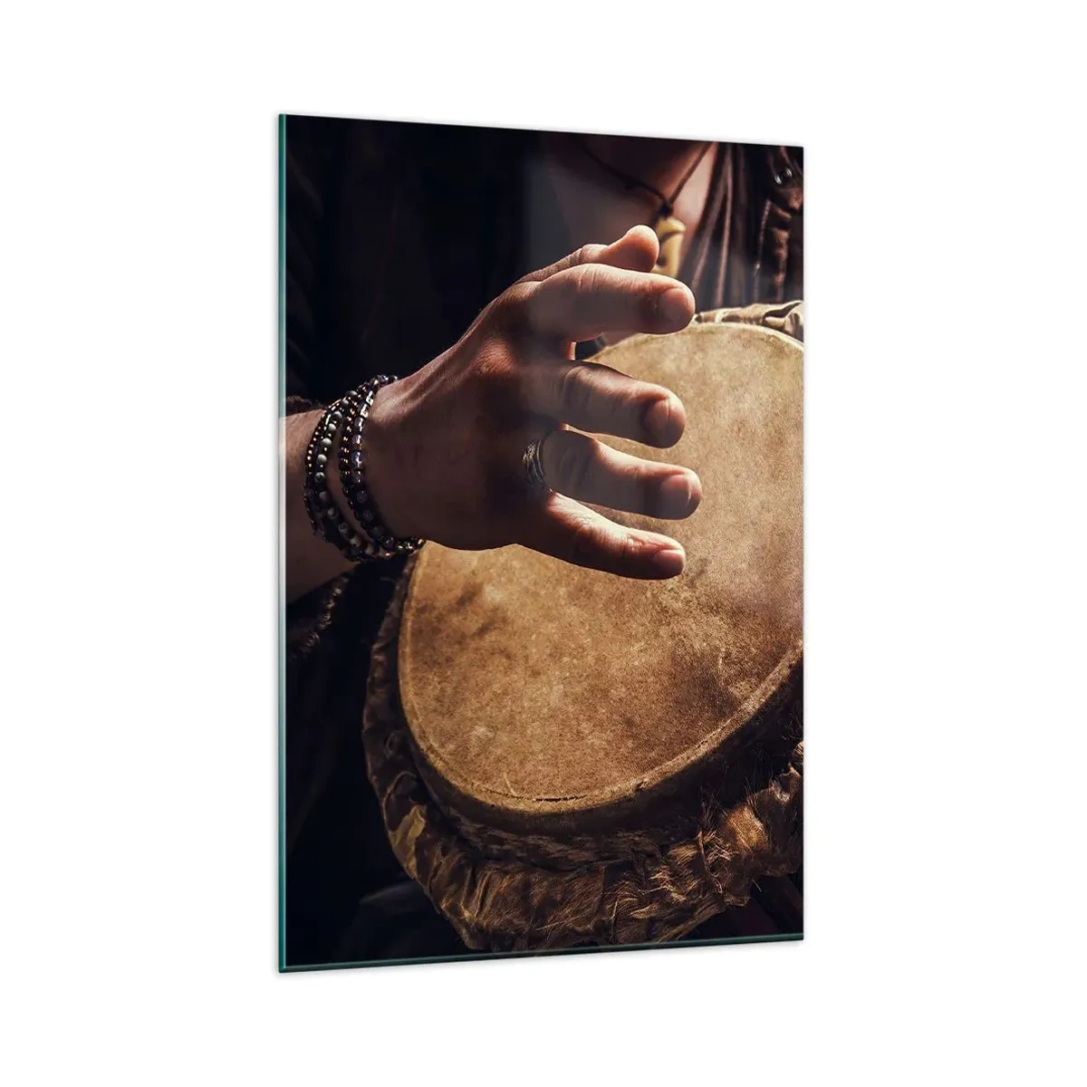 Impression sur verre - Image sur verre - Mains jouant sur un djembé traditionnel - 80x120cm - Au rythme du coeur - Décoration murale moderne pour le salon et la chambre ARTTOR