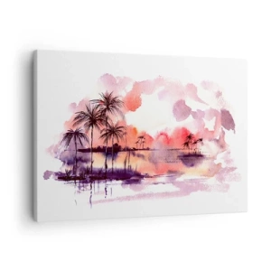 Impression sur toile - Image sur toile - Paysage tropical avec palmiers au coucher du soleil à l'aquarelle - 70x50cm - La tranquillité des tropiques en rouge - Décoration murale moderne pour le salon et la chambre ARTTOR