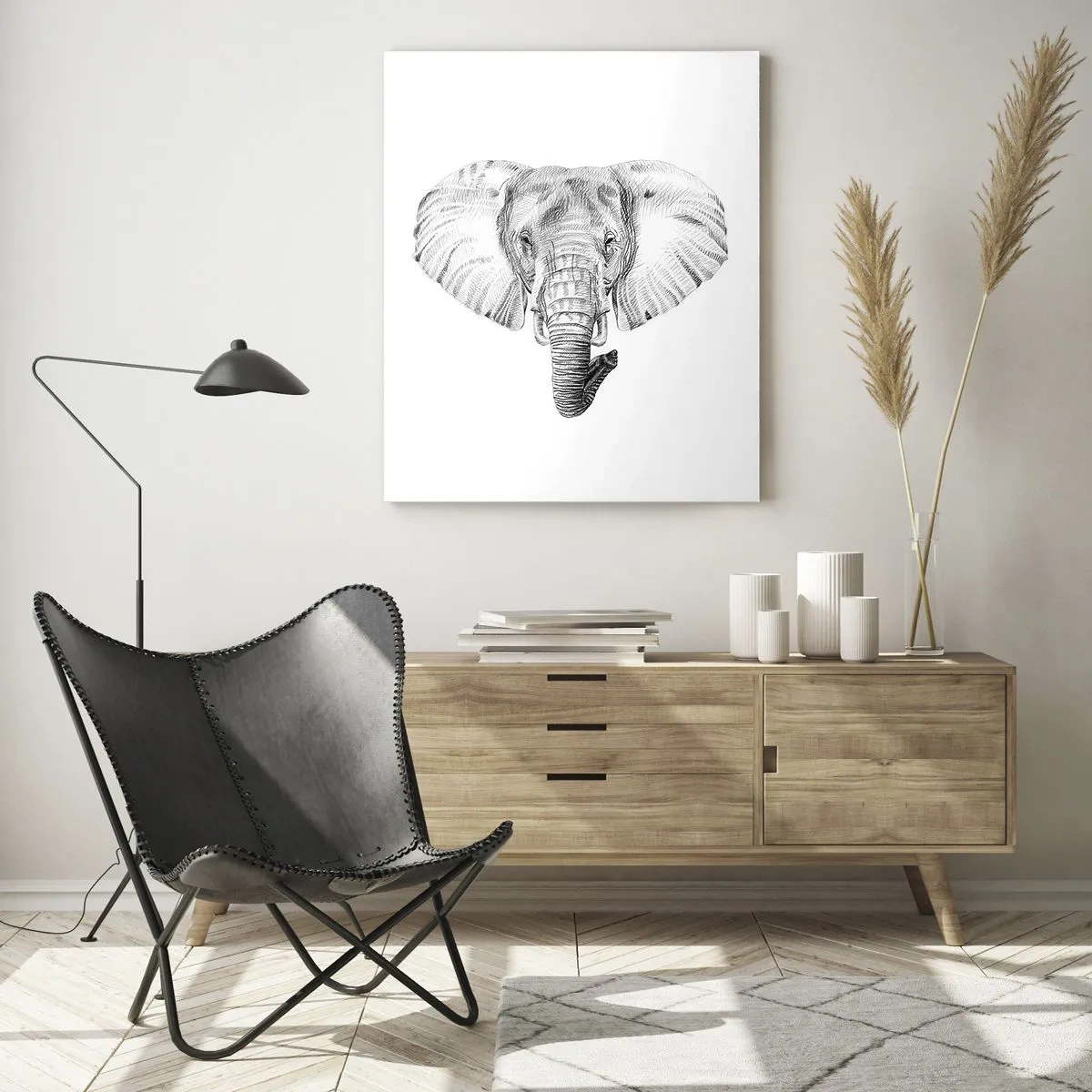 Impression sur verre - Image sur verre - Dessin en noir et blanc d'une tête d'éléphant sur fond blanc - 50x70cm - "Un éléphant ça trompe bien souvent" - Décoration murale moderne pour le salon et la chambre ARTTOR