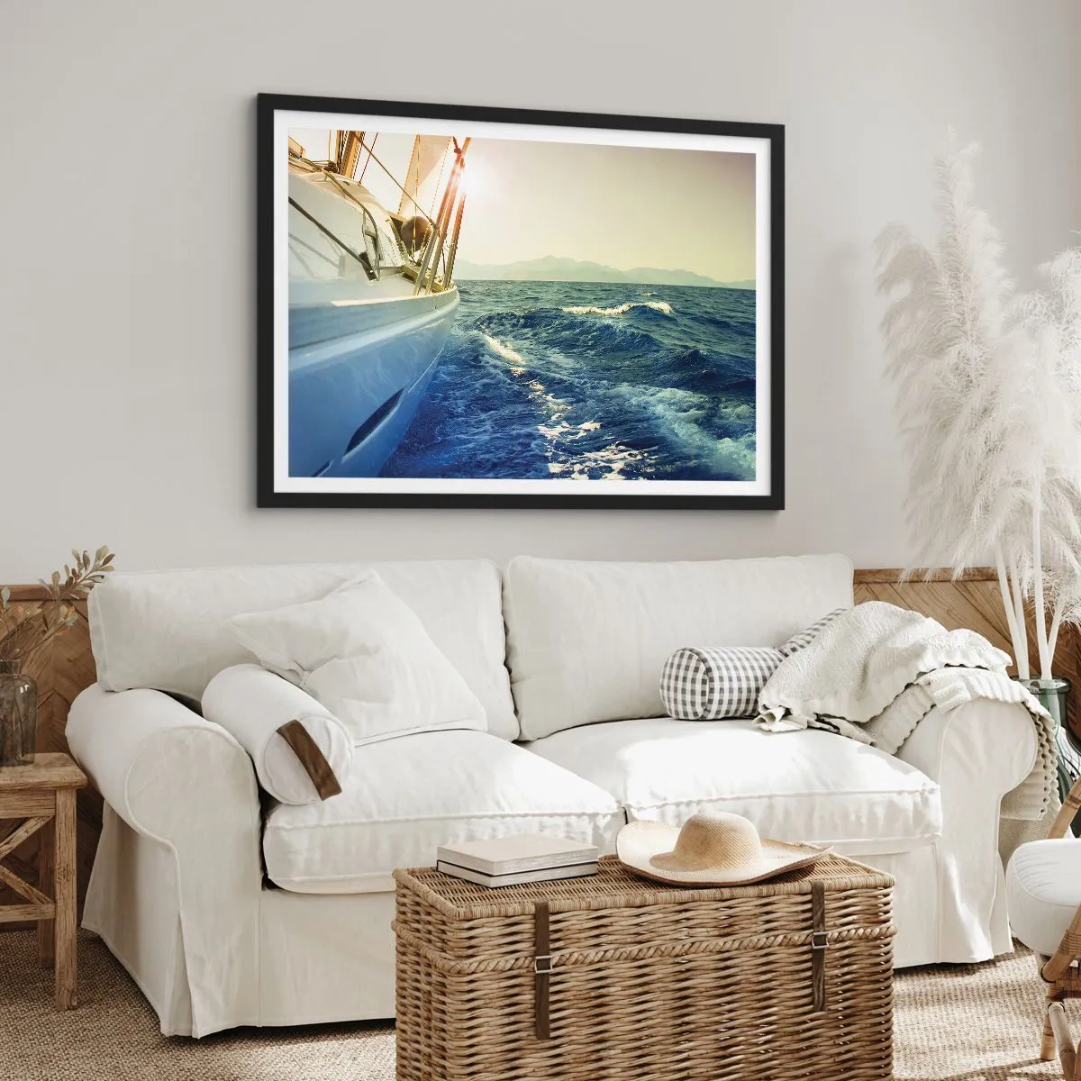 Affiche dans un cadre noir - Poster - Un yacht en pleine mer avec vue sur les vagues - 100x70cm - Suite à l'aventure - Décoration murale moderne pour le salon et la chambre ARTTOR