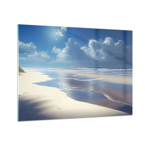 Impression sur verre - Image sur verre - Une large plage de sable et des vagues calmes sous un ciel bleu - 70x50cm - Des vacances paradisiaques - Décoration murale moderne pour le salon et la chambre ARTTOR