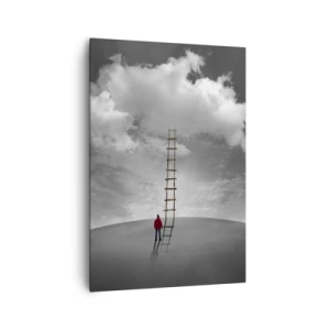 Impression sur toile - Image sur toile - Une personne portant un manteau rouge et une échelle menant à un nuage - 70x100cm - Tout est possible - Décoration murale moderne pour le salon et la chambre ARTTOR