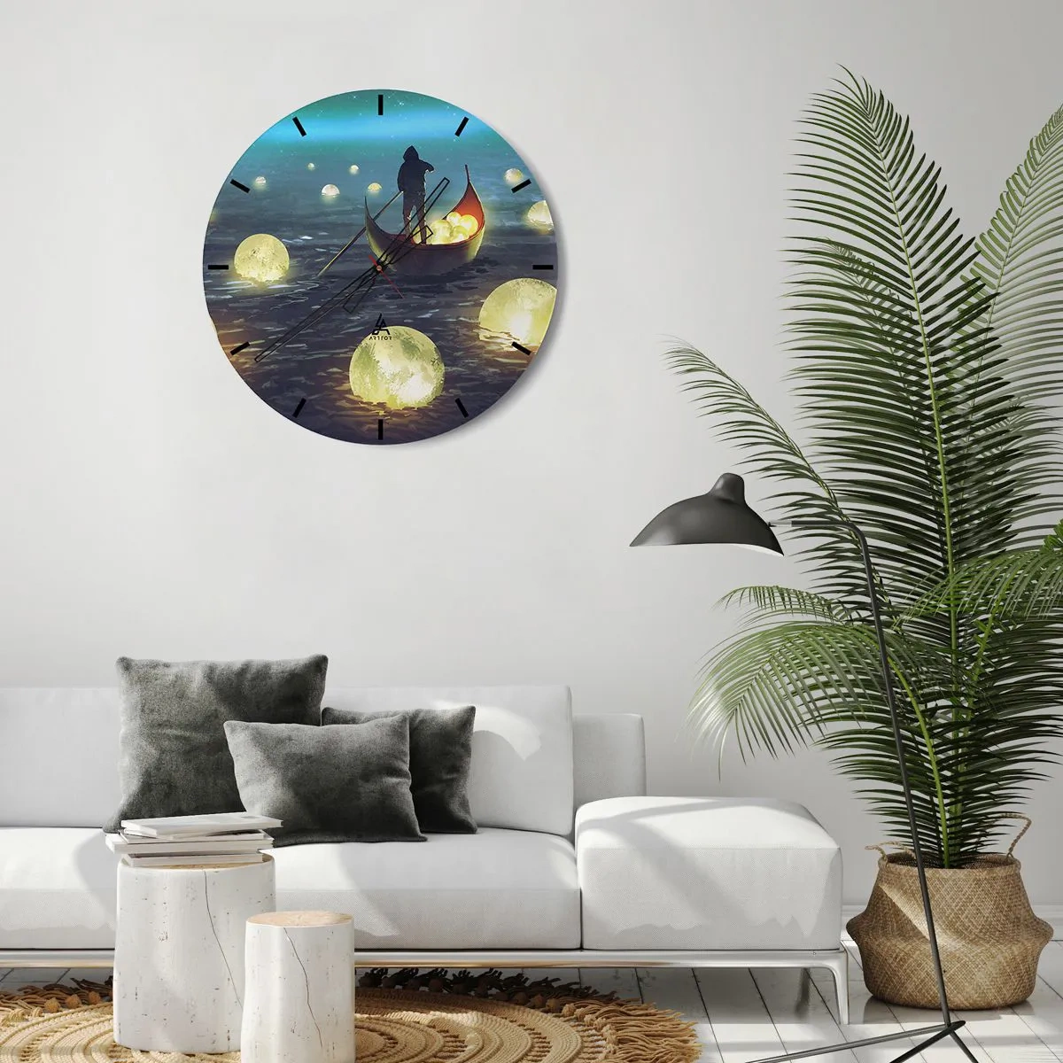 Horloge murale - Pendule murale - Une silhouette dans un bateau entourée de boules lumineuses sur l'eau - 30x30cm - Des choses dont les philosophes n'ont jamais rêvé - Décoration murale moderne pour le salon, la cuisine et la chambre ARTTOR