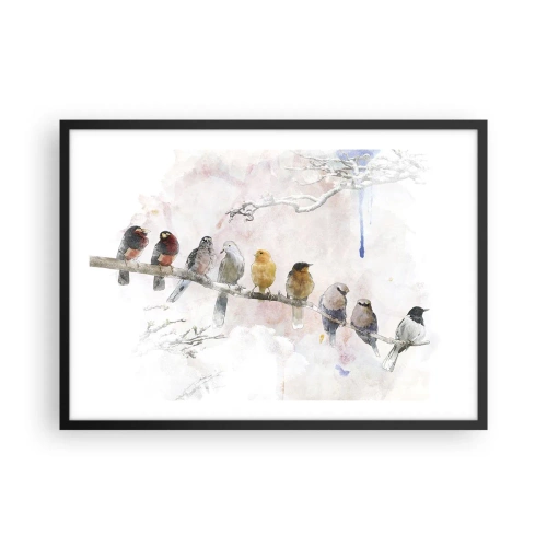 Affiche dans un cadre noir - Poster - Oiseaux colorés sur une branche dans un style aquarelle - 70x50cm - Rencontre ailée - Décoration murale moderne pour le salon et la chambre ARTTOR