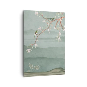 Impression sur toile - Image sur toile - Une image pittoresque d'une branche d'arbre en fleurs avec des oiseaux sur fond de collines verdoyantes. - 70x100cm - Printemps oh c'est toi - Décoration murale moderne pour le salon et la chambre ARTTOR