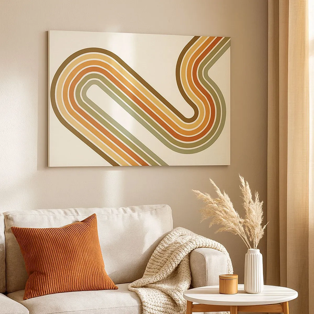 Impression sur toile - Image sur toile - Motif géométrique dans les tons de vert, orange et beige sur fond clair - 70x50cm - En zig zag vers le but - Décoration murale moderne pour le salon et la chambre ARTTOR