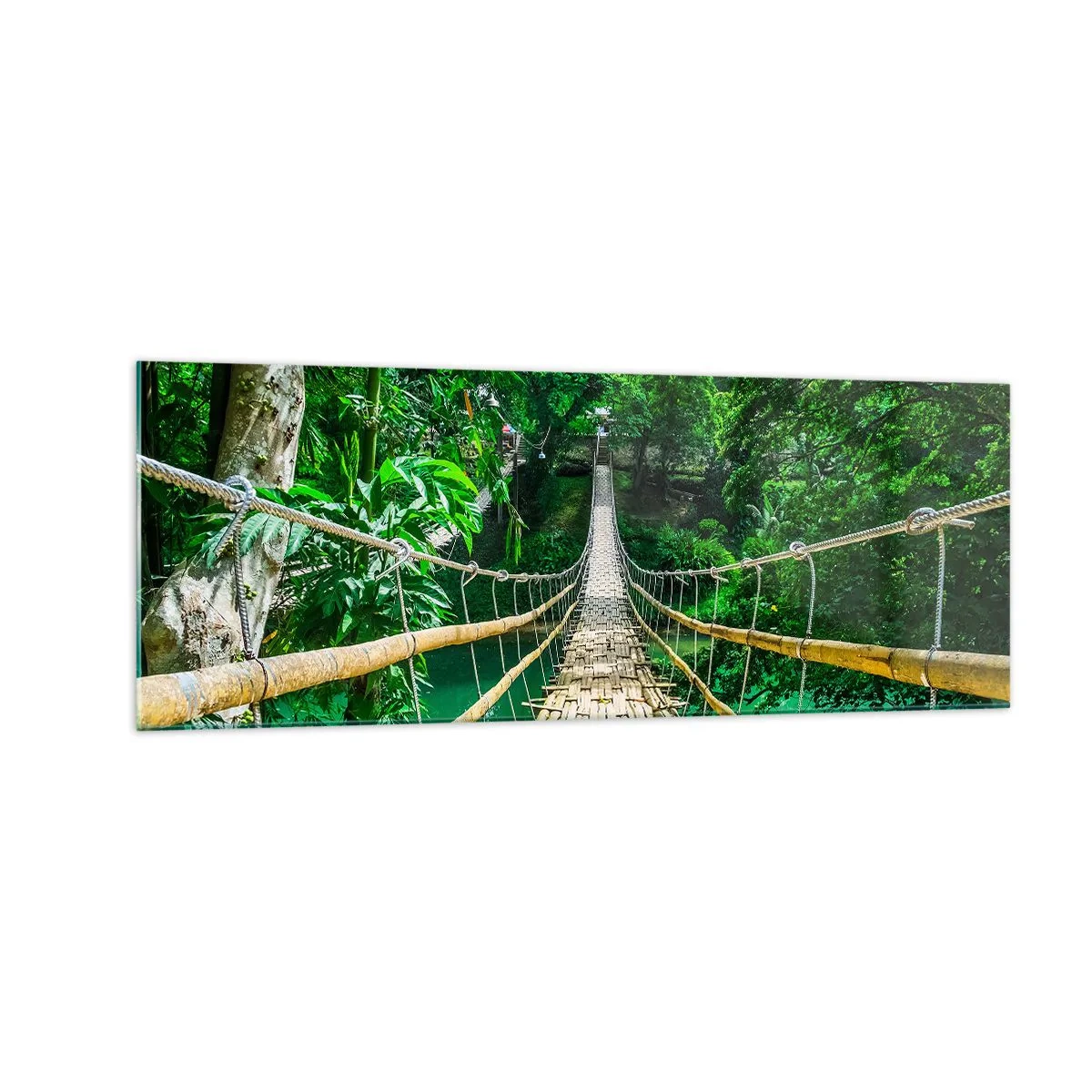 Impression sur verre - Image sur verre - Un pont suspendu en bambou entouré de verdure - 140x50cm - Pont de singe en pleine nature - Décoration murale moderne pour le salon et la chambre ARTTOR