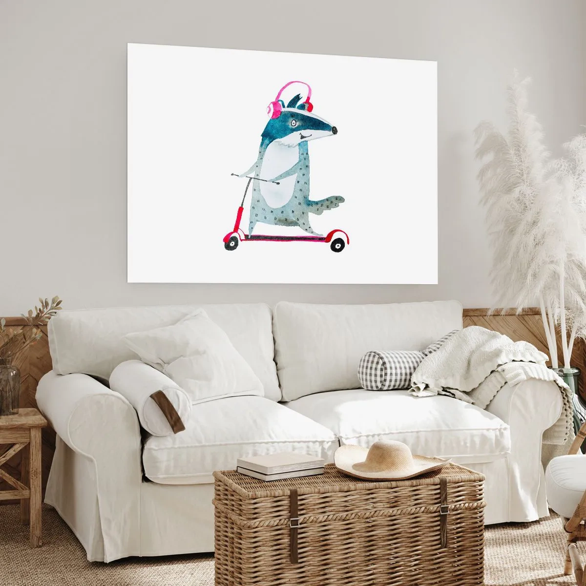 Affiche - Poster - Blaireau sur un scooter avec des écouteurs roses - 100x70cm - La joie du blaireau - Décoration murale moderne pour le salon et la chambre ARTTOR