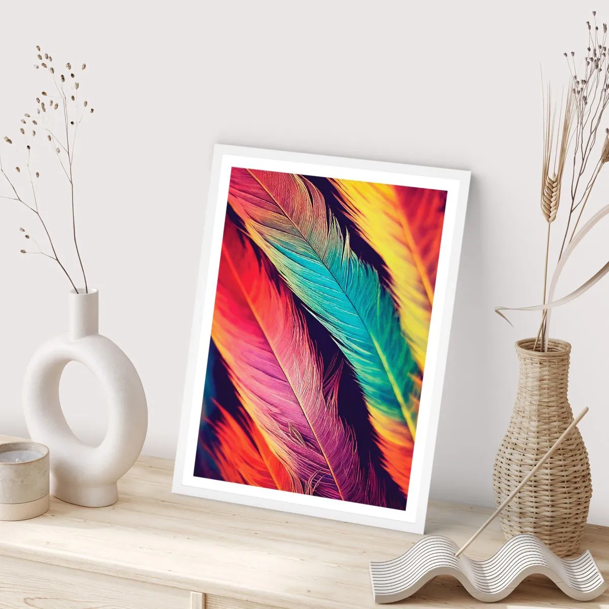 Affiche dans un cadre blanc - Poster - Arc-en-ciel de plumes - 40x50 cm