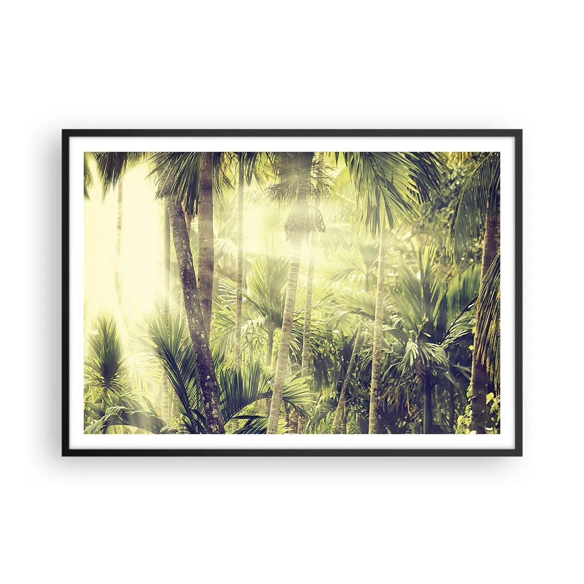 Affiche dans un cadre noir - Poster - Rayons de soleil dans une forêt tropicale de palmiers - 100x70cm - Nature enflammée - Décoration murale moderne pour le salon et la chambre ARTTOR