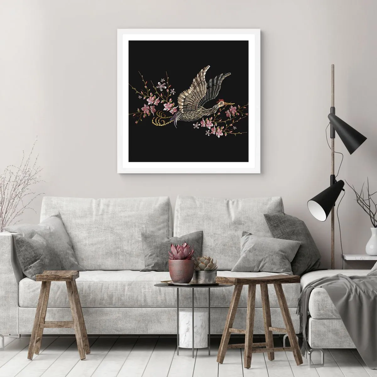 Affiche dans un cadre blanc - Poster - Oiseau brodé exotique - 60x60 cm