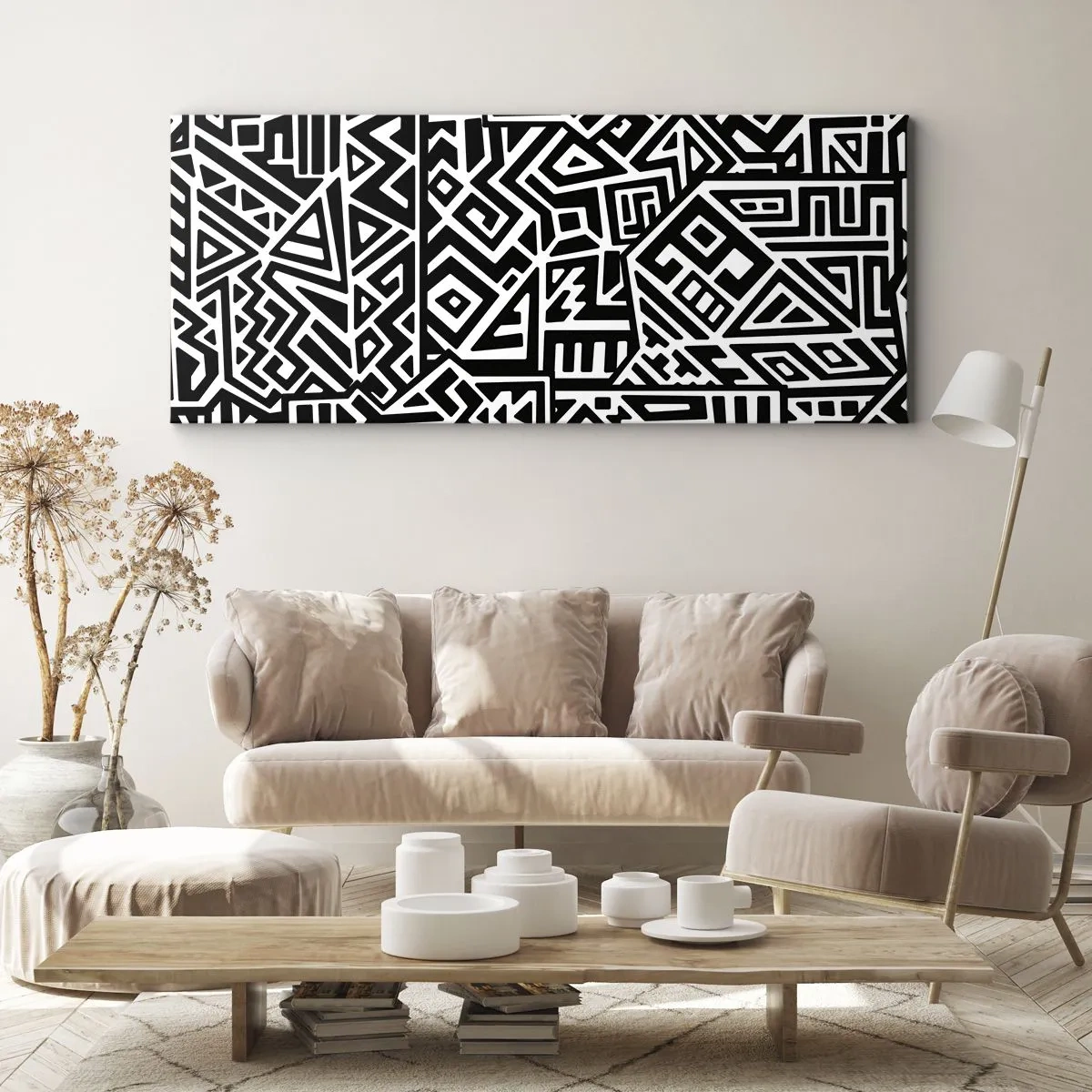 Impression sur toile - Image sur toile - Motifs géométriques noirs et blancs inspirés de la culture précolombienne - 120x50cm - Composition précolombienne - Décoration murale moderne pour le salon et la chambre ARTTOR