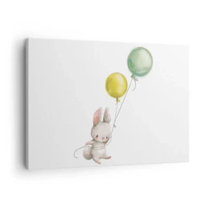 Impression sur toile - Image sur toile - Un lapin tenant des ballons aux couleurs pastel - 70x50cm - Moi aussi je vole! - Décoration murale moderne pour le salon et la chambre ARTTOR