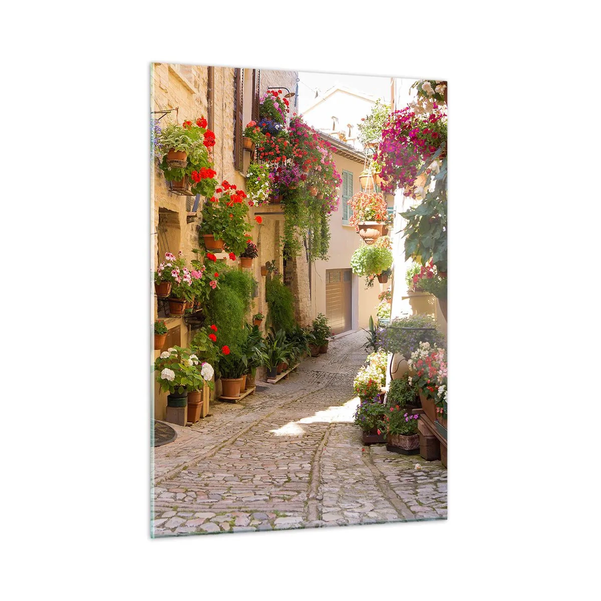 Impression sur verre - Image sur verre - Une rue pittoresque avec des fleurs en pot - 50x70cm - Une inondation de fleurs - Décoration murale moderne pour le salon et la chambre ARTTOR