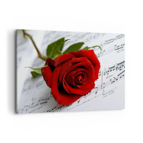Impression sur toile - Image sur toile - Une rose rouge sur fond de notes de musique sur papier blanc. - 120x80cm - Musique des sentiments en écarlate - Décoration murale moderne pour le salon et la chambre ARTTOR