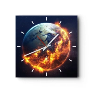 Horloge murale - Pendule murale - La planète Terre en feu dans l'espace - 30x30cm - La flamme de l'apocalypse - Décoration murale moderne pour le salon et la chambre ARTTOR