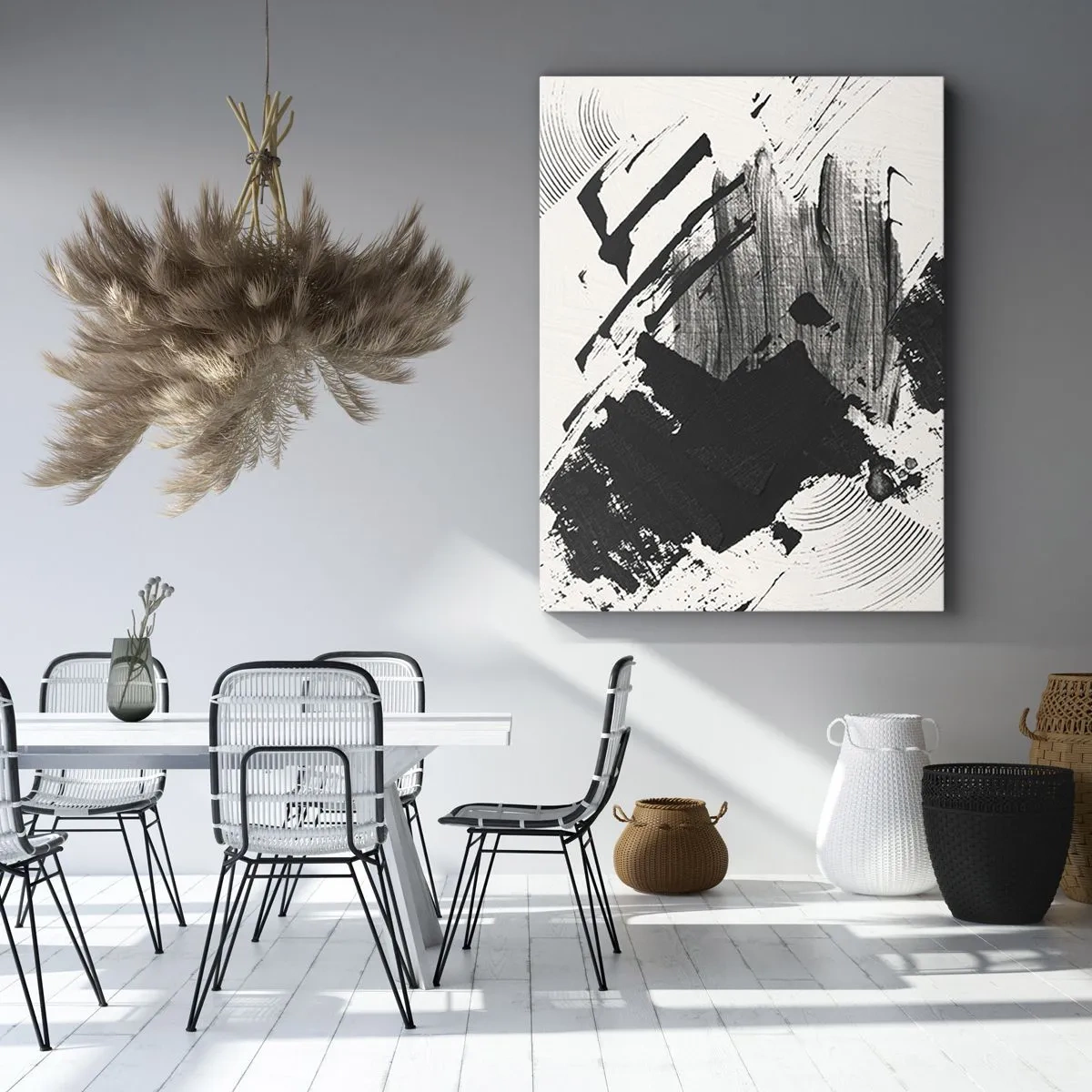 Impression sur toile - Image sur toile - Traits abstraits de noir sur fond blanc - 70x100cm - Abstraction – expression du noir - Décoration murale moderne pour le salon et la chambre ARTTOR