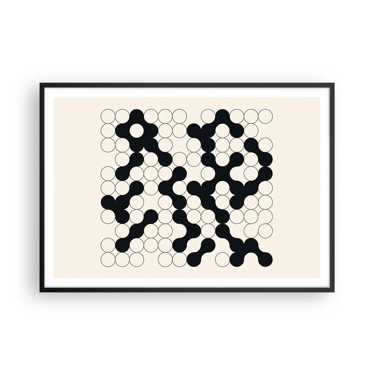 Affiche dans un cadre noir - Poster - Motifs noirs et blancs avec des cercles sur fond clair - 100x70cm - Jeu chinois – variation - Décoration murale moderne pour le salon et la chambre ARTTOR
