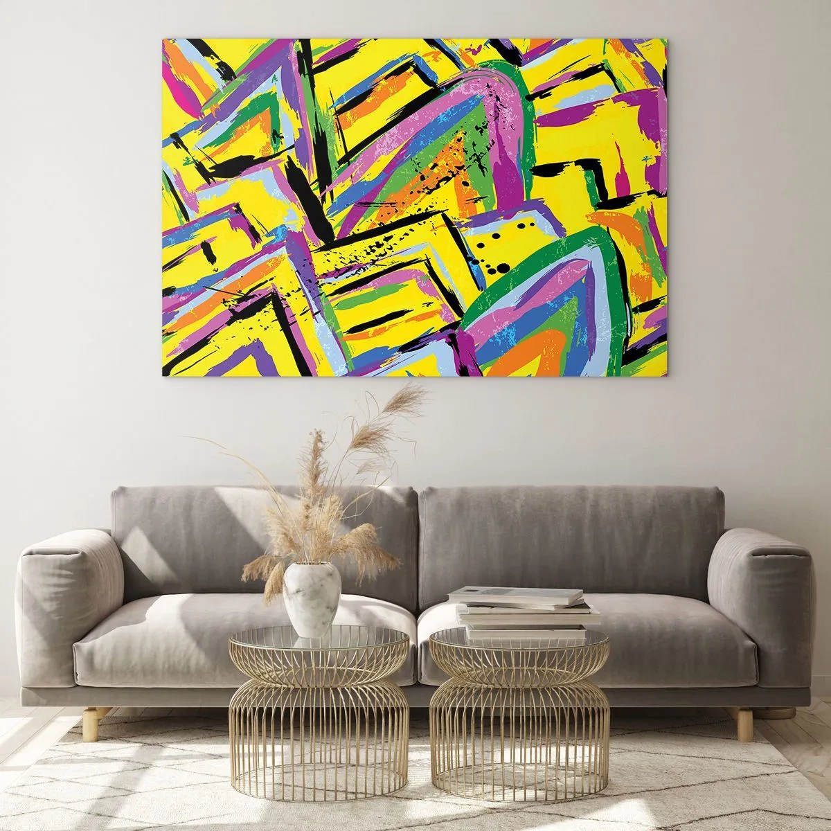 Impression sur verre - Image sur verre - Abstraction intense aux couleurs vives sur fond jaune - 70x50cm - Jusqu'à ce qu'il crie de joie - Décoration murale moderne pour le salon et la chambre ARTTOR