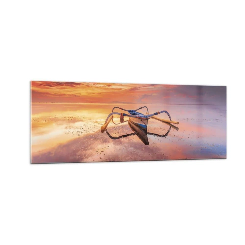 Impression sur verre - Image sur verre - Un bateau sur une eau calme au coucher du soleil - 140x50cm - Le calme d'une soirée tropicale - Décoration murale moderne pour le salon et la chambre ARTTOR