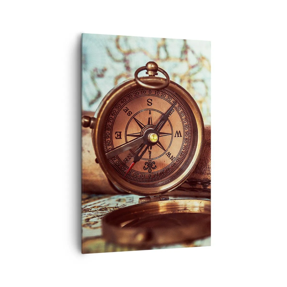 Impression sur toile - Image sur toile - Un ensemble rétro avec une boussole, un télescope et une carte sur le thème du voyage - 80x120cm - Une aventure de pirates dans les Caraïbes vous attend - Décoration murale moderne pour le salon et la chambre ARTTO