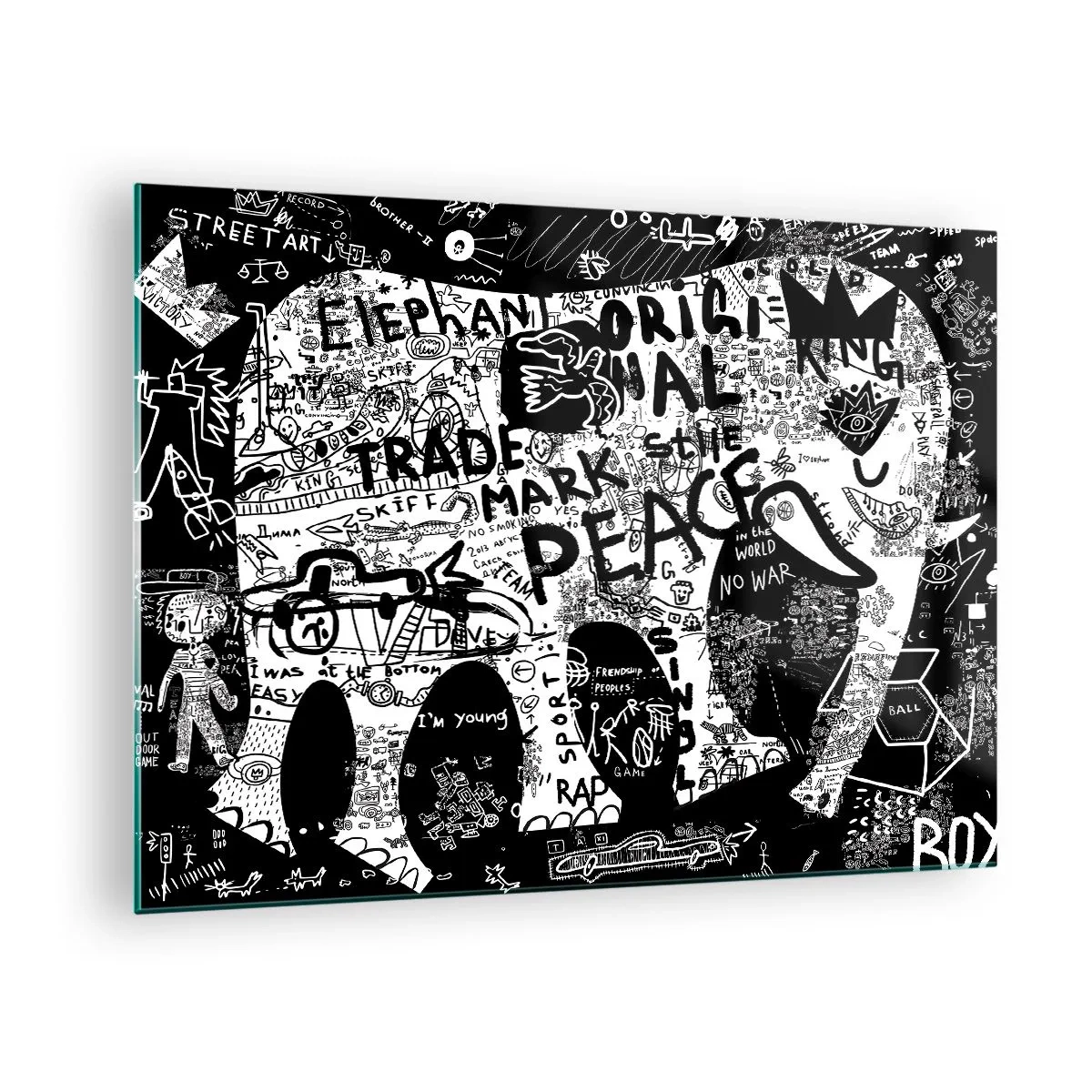 Impression sur verre - Image sur verre - Image de graffiti en noir et blanc avec des thèmes de paix et de liberté - 70x50cm - La richesse des rues - Décoration murale moderne pour le salon et la chambre ARTTOR