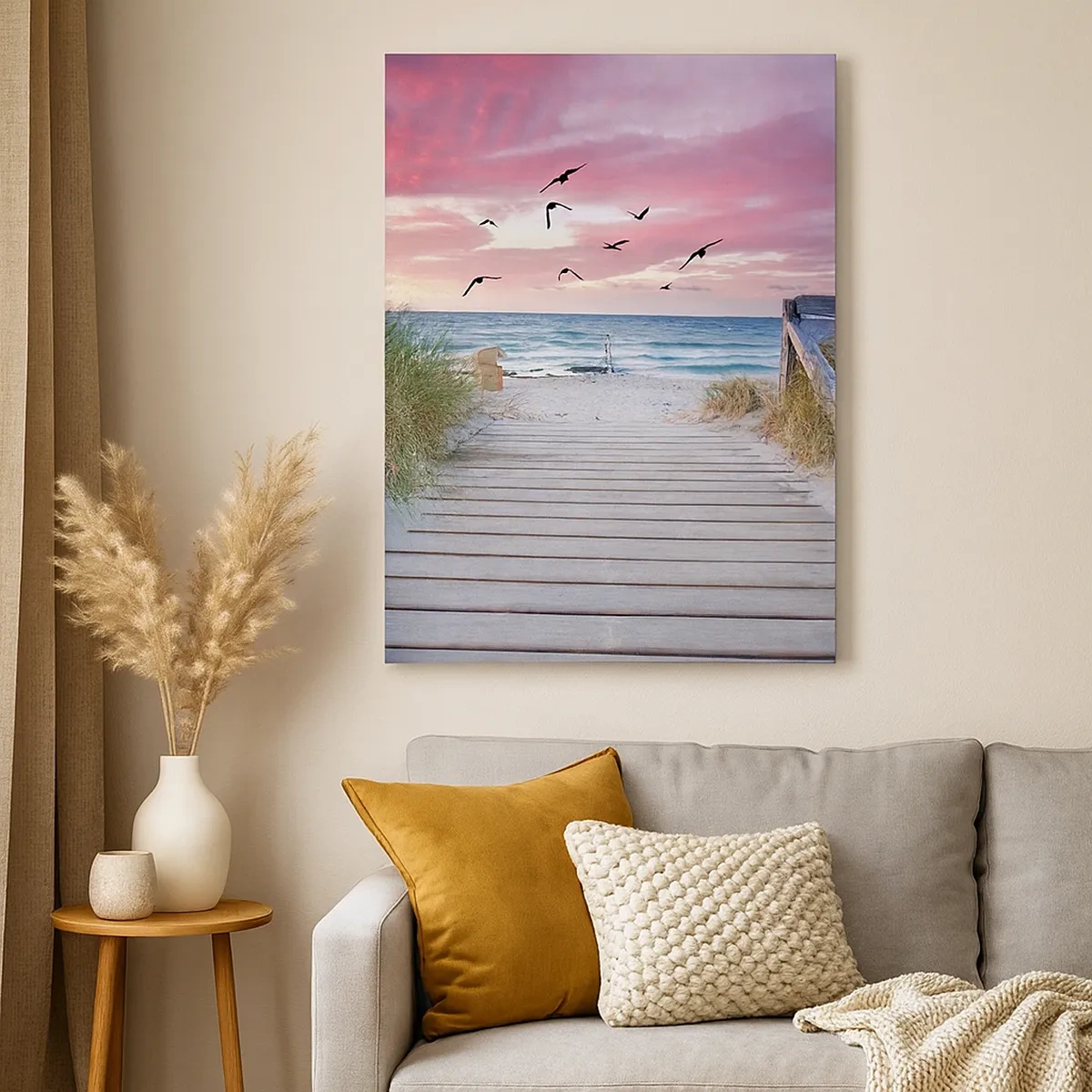 Impression sur toile - Image sur toile - Chemin en bois sur la plage au coucher du soleil rose - 50x70cm - Impression de la Baltique - Décoration murale moderne pour le salon et la chambre ARTTOR