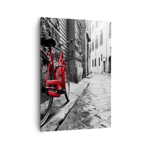 Impression sur toile - Image sur toile - Vélo rouge dans une rue en noir et blanc - 70x100cm - La vraie beauté ne vieillit pas - Décoration murale moderne pour le salon et la chambre ARTTOR