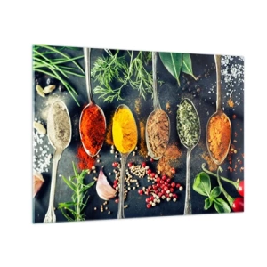 Impression sur verre - Image sur verre - Épices colorées dans des cuillères entourées d'herbes fraîches et de légumes - 70x50cm - Magie culinaire - Décoration murale moderne pour le salon et la chambre ARTTOR
