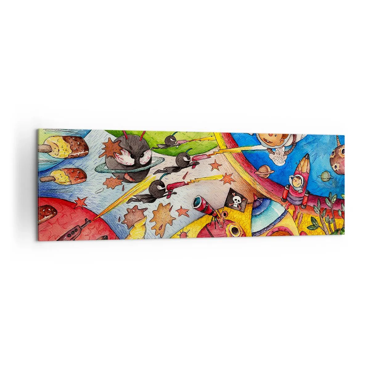 Impression sur toile - Image sur toile - Une scène spatiale colorée pleine d'enfants et de vaisseaux spatiaux - 160x50cm - Grande aventure spatiale - Décoration murale moderne pour le salon et la chambre ARTTOR