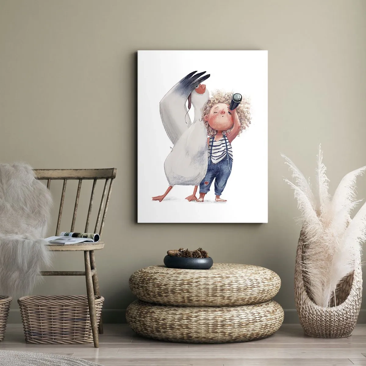 Impression sur toile - Image sur toile - Illustration d'un enfant avec un pélican et un télescope à la main - 70x100cm - Plan de grand voyage - Décoration murale moderne pour le salon et la chambre ARTTOR