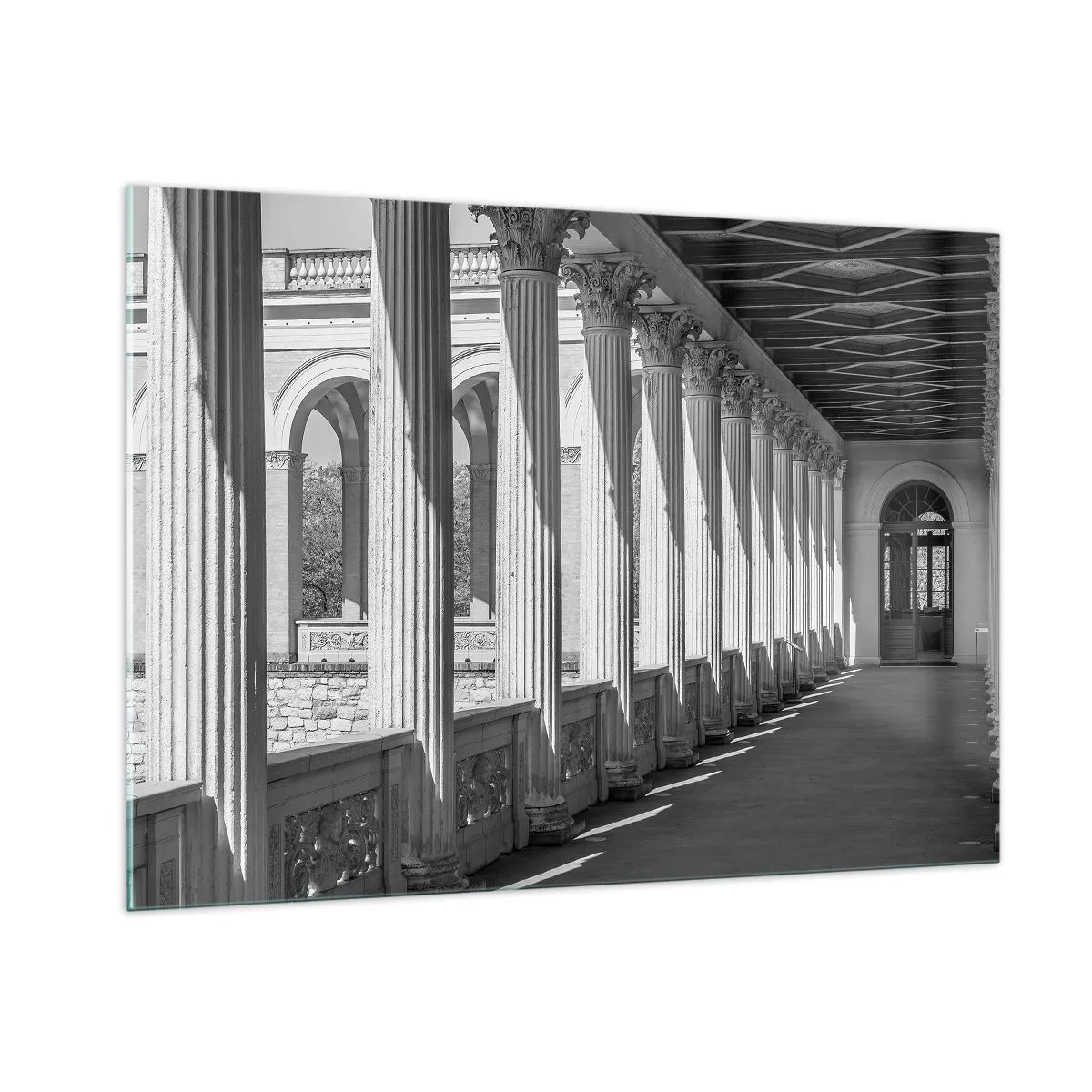 Impression sur verre - Image sur verre - Une colonnade en noir et blanc avec un jeu rythmique d'ombre et de lumière - 100x70cm - Arcade ensoleillée - Décoration murale moderne pour le salon et la chambre ARTTOR