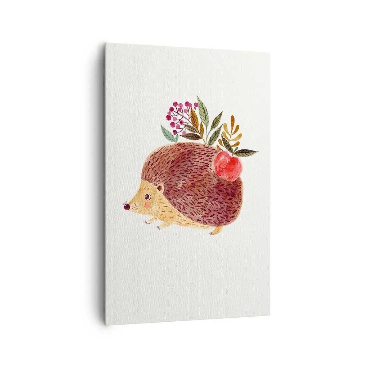 Impression sur toile - Image sur toile - Un hérisson mignon avec une pomme et des plantes dans un style illustratif - 80x120cm - Et tu m’apprécies déjà - Décoration murale moderne pour le salon et la chambre ARTTOR