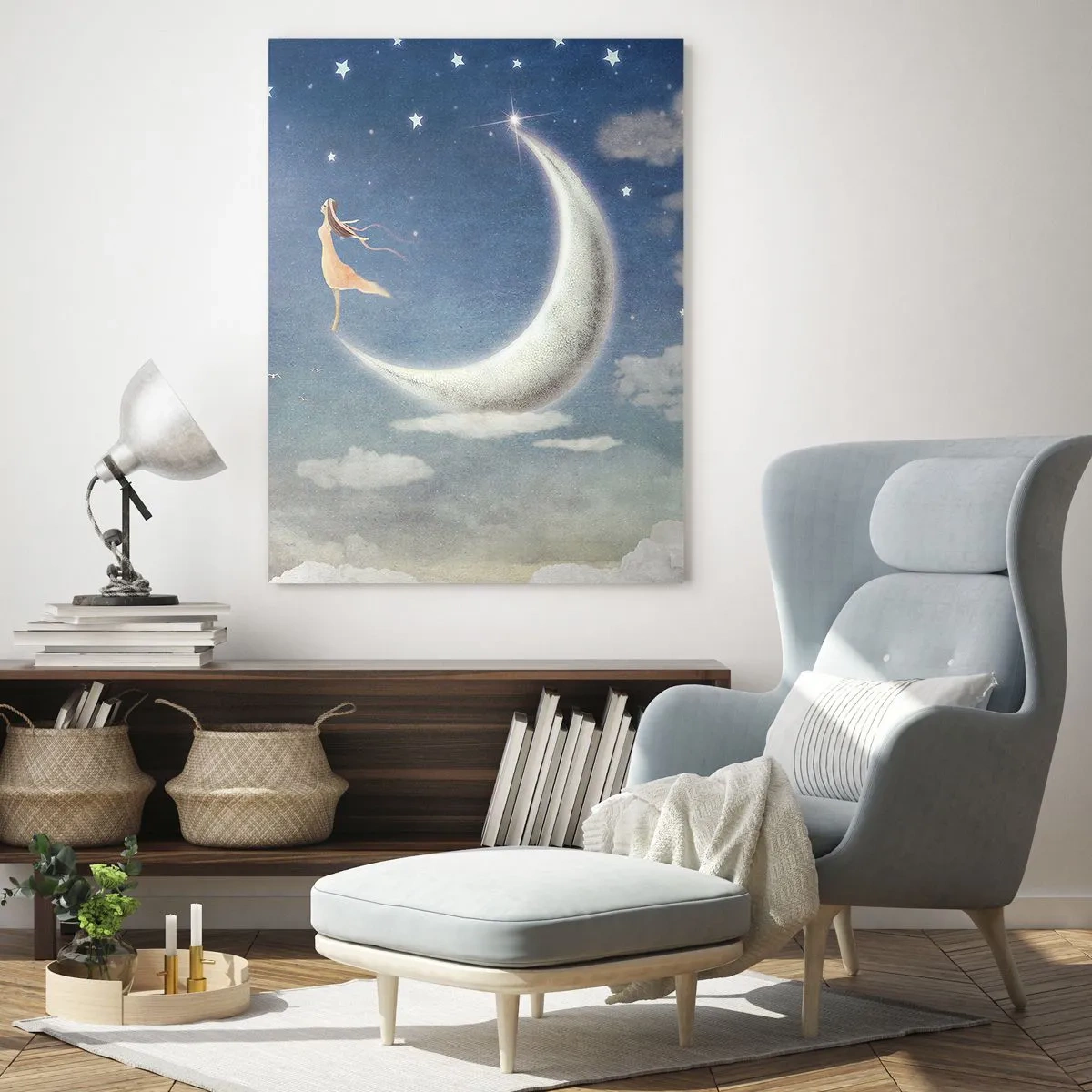Impression sur verre - Image sur verre - Une femme dans une robe fluide debout sur la lune dans un ciel étoilé. - 50x70cm - Valise bleue - Décoration murale moderne pour le salon et la chambre ARTTOR