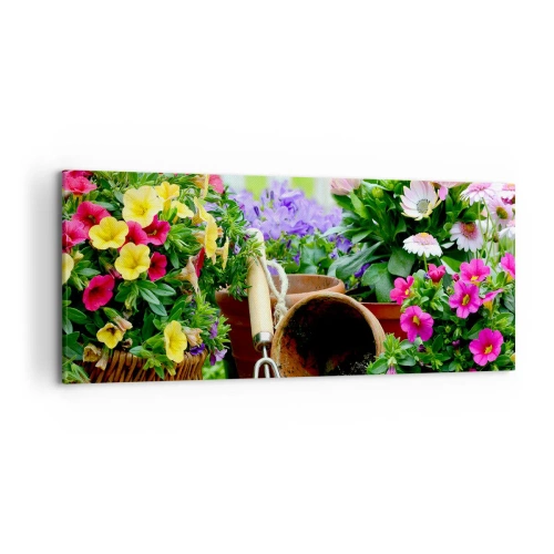 Impression sur toile - Image sur toile - Fleurs colorées dans des pots avec des outils de jardinage sur la table - 120x50cm - Le jardin de Zosia - Décoration murale moderne pour le salon et la chambre ARTTOR