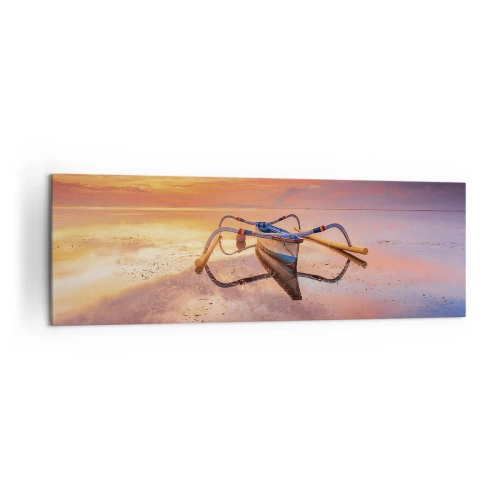 Impression sur toile - Image sur toile - Un bateau sur une eau calme au coucher du soleil - 160x50cm - Le calme d'une soirée tropicale - Décoration murale moderne pour le salon et la chambre ARTTOR